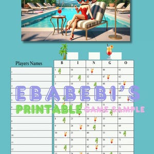 1 - 75 Balls Printable Bingo Game , 15 player bingo board, 1 Mixed and Straight Bingo for Party Adults Cute Funny PNG Betty Boop Summer Pool