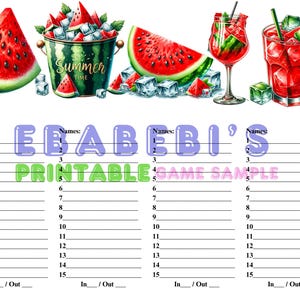 15-regelige bingobrief Bingo volledig liggend notitieboekpagina | Met ruimte voor 3 afdrukbare spellen voor volwassenen voor In Out Summer Watermelon Cartoon-drankjes