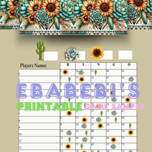 1 - 75 Balls Printable Bingo Game,15 player bingo board, 1 Mixed and Straight Bingo for Party Adults Cute Funny PNG Western Sunflower Cactus