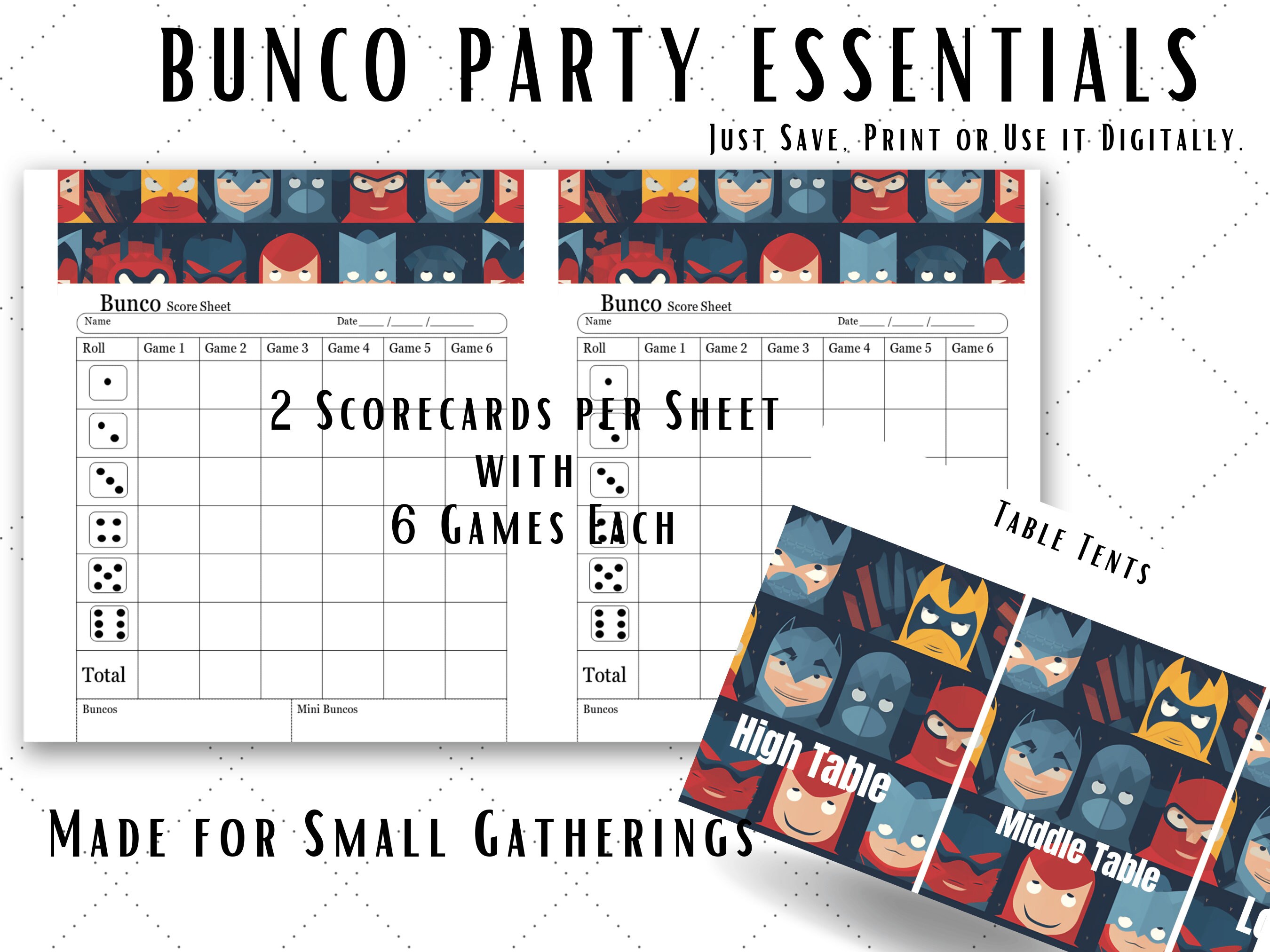 Super Heros Bunco Party Boy - Score Sheets, Table Tents, and More for ...