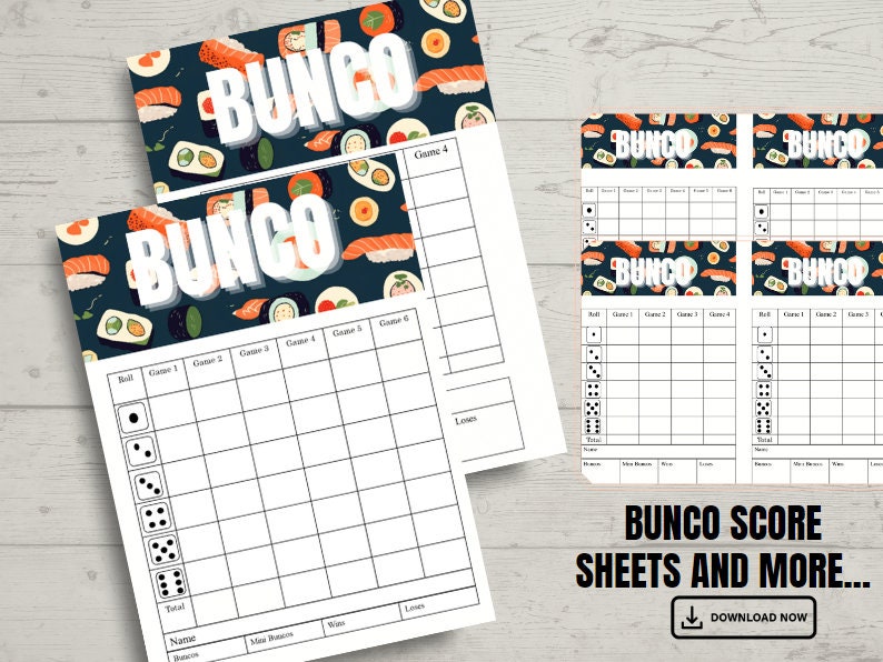 Sushi Food Printable Bunco Score Sheets Set Ghost Player Tally Sheet ...