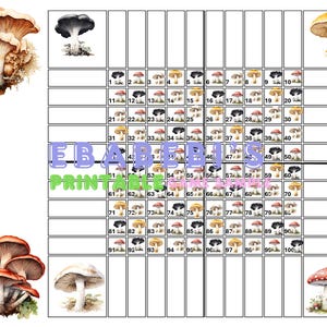 Mushroom Forest 40 Players Printable Bingo Boards - Straight Mixed 100 Ball 40 Line Grid Instant Download