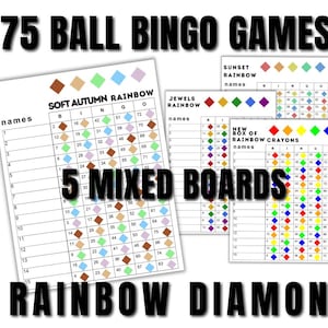 Rainbow bingo bundle 5 Pack Unique Mixed Bingo Boards -Instant Download -15 Lines - Printable - 75 Ball Watercolor 8.5in x 11in Diamonds