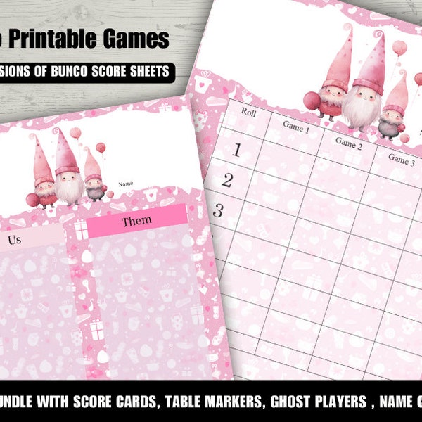 Gnomes Girls Baby Pink White Printable Bundle Mom to Be Party Parents Bunco 4 Games , and Spring Baby Shower Bunco Game, Year Round Bunco