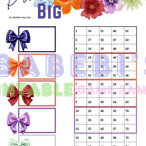Bingo Boards -Instant Download -15 Lines Dream Big Bows Flowers Spring Happy Blocks Bingo (mixed, straight)  Printable - 75 Ball