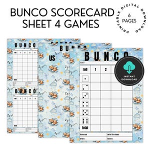Feuille de pointage Bunco 4 jeux feuille de pointage de fête imprimable cartes de table joueur fantôme renard somnolent ciel nuages prince bleu baby shower garçon