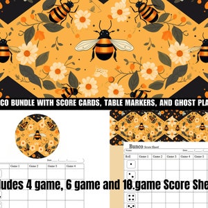 Peut inclure: Un lot de jeu de Bunco imprimable avec des illustrations d'abeilles et de fleurs. Le lot comprend des cartes de score, des marqueurs de table et un joueur fantôme. Les cartes de score sont disponibles en formats 4, 6 et 10 jeux.