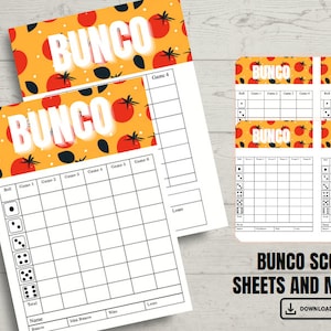 May include: Printable Bunco score sheets with a tomato and yellow background. The sheets have spaces for six games, a total score, and a place to write the player's name.