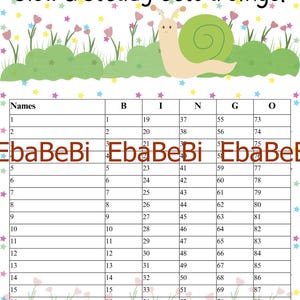 Bingo Boards - Instant Download -Bingo Cards 18 Line Bingo 90 Balls -- Custom Board Game Printable Straight Mixed Snail Spring Garden Flower