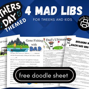 Father’s Day Mad Libs Bundle – 4 Funny Printable Stories for Kids & Tweens – Golf, BBQ, Fishing Themes + Bonus Doodle Page