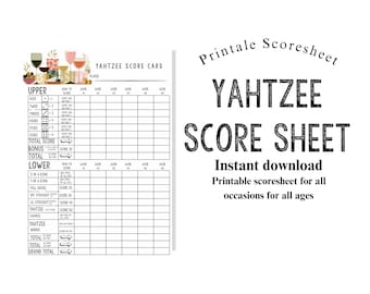 Hoja de puntuación de Yahtzee para el juego de dados de vino, imprimible. Hoja de puntuación de 5 dados neutrales. Hojas de recarga de descarga instantánea para fiestas y festividades.