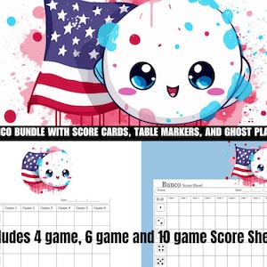 4th of July Kid Flag Bunco Score Sheets Bundle - Printable Table Numbers and Tally Sheets Patriotic Summer Kit Bunco for 6 games bunco sheet