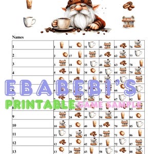 Bingo Boards - Instant Download -15 Lines Printable Bingo Boards - Straight Mixed 90 Ball But First Coffee Lover Gnome Cafe Time