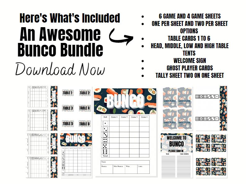 Sushi Food Printable Bunco Score Sheets Set Ghost Player Tally Sheet ...