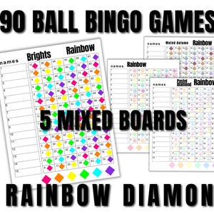 Rainbow bingo bundle 5 Pack Unique Mixed Bingo Boards -Instant Download -15 Lines - Printable - 90 Ball Watercolor 8.5in x 11in Diamonds