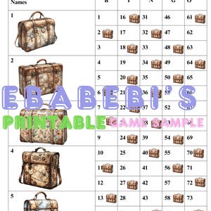 Bloques de bingo - Descarga instantánea - Bingo de 15 líneas - Maleta de viaje - Avión - Mapa del mundo - Azul - Verde - Marrón (mixto, recto) - Imprimible - 75 bolas