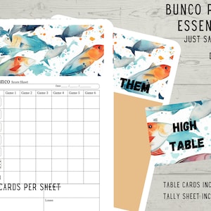 Angeln Sea Life Ocean Beach Mini 6 Spiel Bunco druckbares Spielset - Perfekt für kleine Party Spaß Vatertag Bass Blue Men Jungen Babyparty