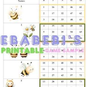 Op de afbeelding: Een printbaar bingospel met schattige cartoon-bijen met de titel "Happy Happy Bees Bingo Blocks". De kaart heeft een raster van 5 kolommen en 5 rijen met de nummers 1-75. De kaart heeft ook een kolom met de naam "Namen" met de nummers 1-5.