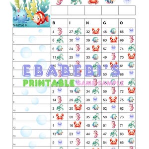 Bingo met 1 - 75 ballen, bingobord voor 15 spelers, 1 gemengd en recht Bright Nature Ocean Fish Crab Sea Cartoon Bingo voor feest Blauw Rood