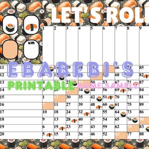 10 x 10 Grid Bingo Board Mixed for 100 Ball Bingo - 20 Players Printable Bingo Board Sushi Food Fun Let&#39;s Roll Bright Colorful