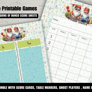Aloha Tiki Hawaii Summer Tropical Gromes Beach Bunco 4 Games , Table Cards, Ghost Player Cards, Name Tags & Tally Sheet Bunco Family Set