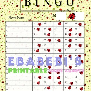 1 - 75 Balls Printable Bingo Game , 15 player bingo board, 1 Mixed and Straight Bingo for Party Adults Cute Funny PNG Ladybug Yellow Spring