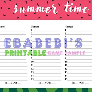 15-regelige bingobrief Bingo volledig liggend notitieboekpagina | Met ruimte voor 3 afdrukbare spellen voor volwassenen voor In Out Summer Watermelon Cartoon Bright