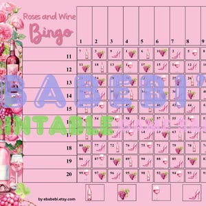 Roses Wine Pink Adulting Food Bingo Boards - Instant Download -20 Lines -Party Snack Printable Bingo Boards - Straight Mixed 100 Ball