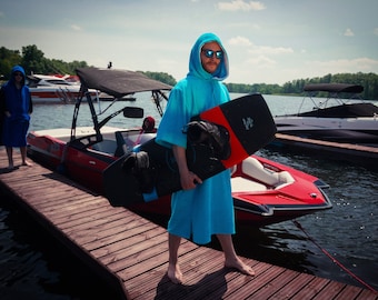 Sky blue cotton terry surf poncho, beach cover up, embroidered surf robe