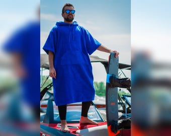 Royal Blue Beach Poncho Towel, Swim Robe, Toweling Poncho With Sleeve