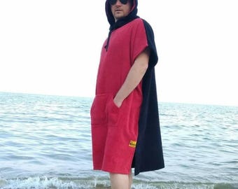 Youth Hooded  Towel - Terry Cloth Poncho Black and Red for Surfing, Beach and Pool