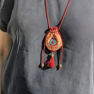 Crystal Pouch Necklace, Jacquard Silk Amulet Bag with Tibetan Beads & Energy Spiral, Adjustable Cord, Boho Spiritual Jewelry