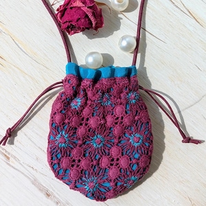 Macrame Lace Crystal Pouch – Burgundy & Teal Silk Amulet Bag – Limited Edition Handmade Jewelry Pouch
