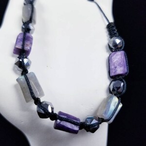 Charoite, Moonstone & Hematite Adjustable Macrame Bracelet
