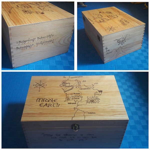 Lord Of The Rings box, scatola di legno LOTR, pirografia fatta a mano, The Lonely Mountain, Lo Hobbit