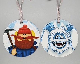 Yukon and Bumble Inspired Original Illustration 3.5" Two-Sided Flat Metal Ornaments w/Optional Personalization