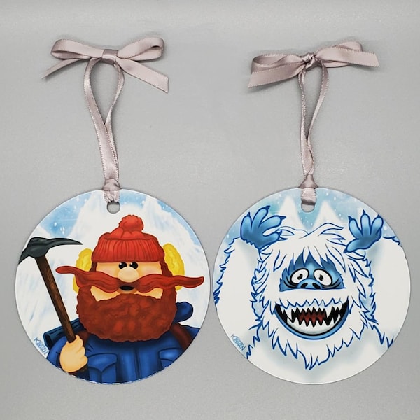 Yukon and Bumble Inspired Original Illustration 3.5" Two-Sided Flat Metal Ornaments w/Optional Personalization