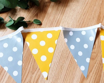 Grey and Mustard Polka dot Oil cloth/PVC SINGLE SIDED Bunting/Indoor/Outdoor Bunting/wipe clean/Garden Bunting/Waterproof Bunting