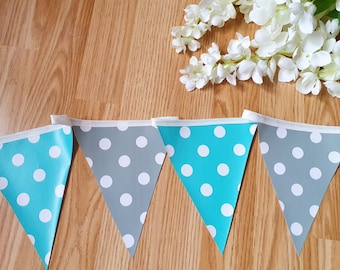 Grey and Teal Polka dot Oil cloth/PVC SINGLE SIDED Bunting/Indoor/Outdoor Bunting/wipe clean/Garden Bunting/Waterproof Bunting
