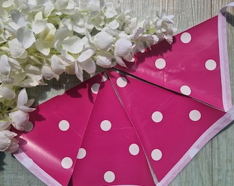 Hot Pink Polka dot Oil cloth/PVC SINGLE SIDED Bunting/Indoor/Outdoor Bunting/wipe clean/Garden Bunting/Waterproof Bunting