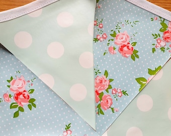 Vintage Blue Floral Blue Polka dot Oilcloth/PVC SINGLE SIDED Bunting - indoor/outdoor Bunting- wipe clean baby shower bunting Garden Bunting
