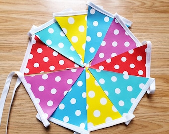 Polka Dot Oil cloth/PVC Bunting - indoor/outdoor Bunting - wipe clean SINGLE SIDED Waterproof Bunting/ Garden Bunting/reusable