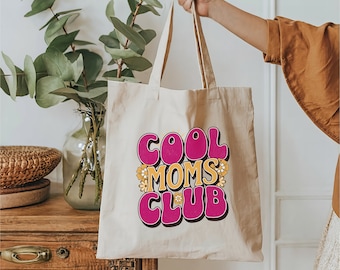 Cool Moms Club Groovy Floral Cotton Canvas Tote Bag, Día de las Madres, Regalo de Cumpleaños de Mamá, Mejor Mamá, Maternidad, Era de Mamá, Regalo de Mamá, Comestibles