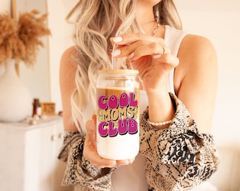 Cool Moms Club 16oz Sipper Glass, Café helado, Latte, Regalo para mamá, Día de la Madre, Regalo de mamá, Era de mamá, Embarazo, Baby Shower, Verano, Taza