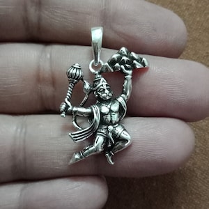 Hanuman pendant, Sterling Silver,  Rama Devotee, 925, Vanara God, Hindu God, Dronagiri mountain, Mace