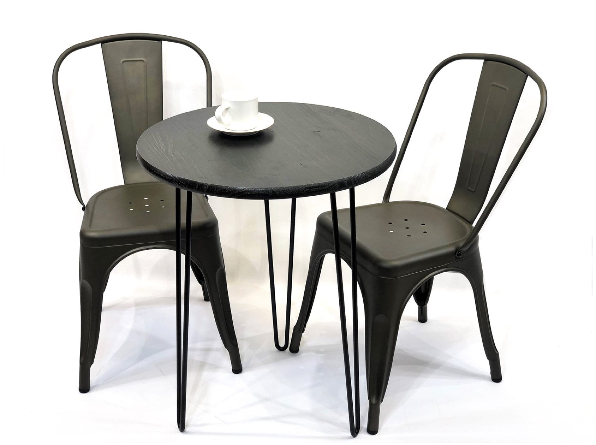 Cafe Table with 2 Chairs in Ebony with Hairpin Legs