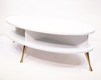 Oval Contemporary Coffee Table in White with Brass Legs