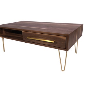 Mid Century Modern Coffee Table with 1 Drawer and Hairpin legs in solid Walnut