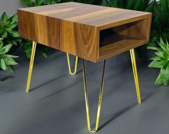 Walnut Mid-Century Modern Side Table with Hairpin Legs - Handcrafted