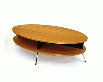 Oval Modern Coffee Table in Natural Mahogany with Black accent with Chrome Legs